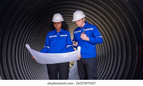 Engineer or construction worker standing large black inspection pipeline  construction durable material like HDPE industrial machinery drainage project and environmental interaction.