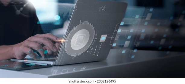 engineer IT consultant being setup Virtual Document Management System (DMS) with laptop computer in office or wok from home.Software for archiving corporate files concept.