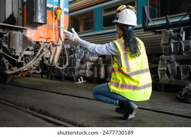 An engineer crouched by a train wheelset, analyzing data on a laptop, within the industrial surroundings of a train maintenance depot.