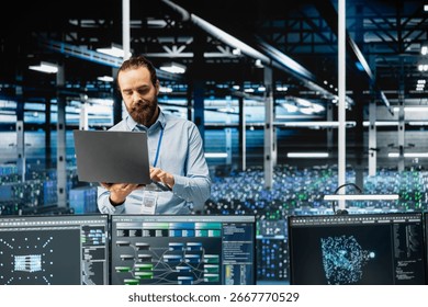 Engineer in data center configuring hardware specifically optimized for AI tasks, increasing workloads. Server farm IT expert automating system diagnostics using machine learning predictions
