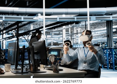 Engineer in data center using VR headset tech to verify neural network parameters. Server hub IT expert using virtual reality to inspect configurations, ensuring optimal application performance