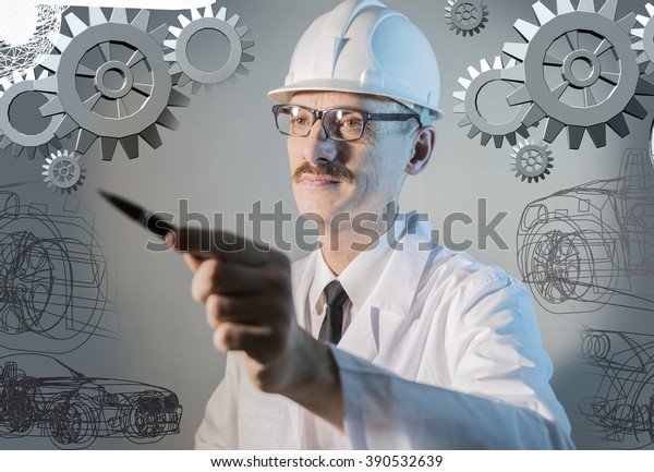 engineer designer scientist dressed in a\
construction helmet drawing\
cars