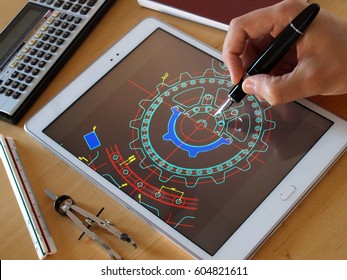 Engineer Designer Working On Cad Blueprint Using Tablet Computer Tool     