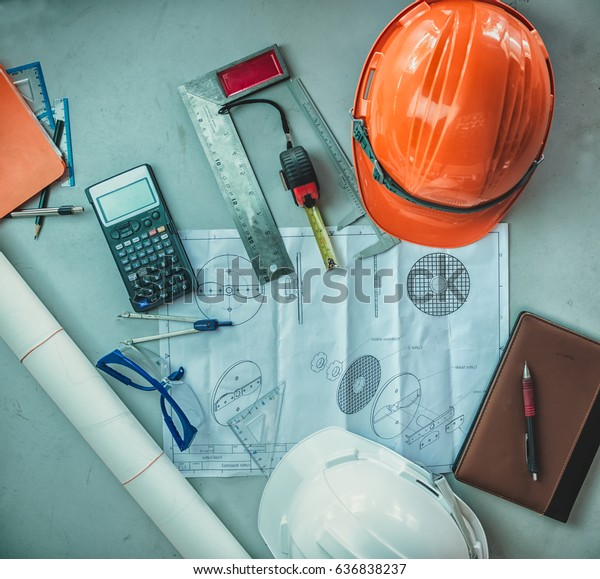 engineer desk background ,project ideas concept. view\
from the top