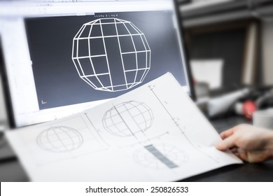 Engineer Desk With Construction Projects And Computer Aided Design Program CAD With Displayed Sketch.