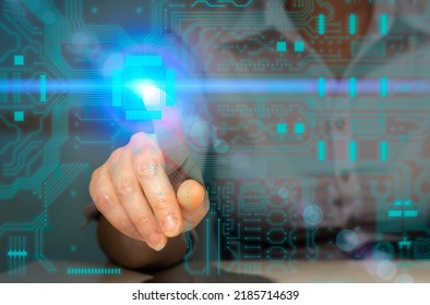 Engineer developer clicks on virtual microcircuit, new technologies concept.