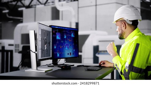 Engineer Doing 3D CAD Model Design On Computer At Factory