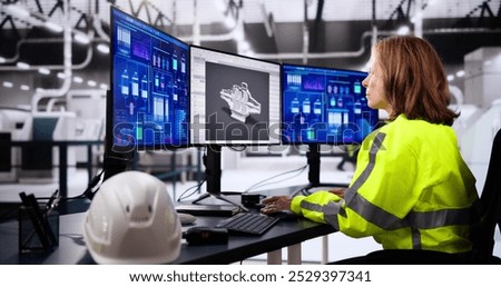 Engineer Doing 3D CAD Model Design On Computer At Factory