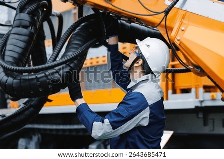 Engineer doing check on installation hydraulic hoses of industrial geological drilling machine for oil.