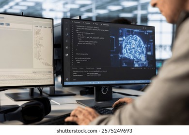 Engineer doing data center automation using AI and machine learning tools. IT professional integrating artificial intelligence driven automation in server farm operations