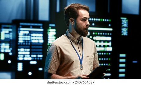 Engineer doing maintenance in server room providing secure, scalable, and reliable infrastructure for storing, processing, and analyzing large amounts of data generated by AI applications