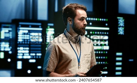 Engineer doing maintenance in server room providing secure, scalable, and reliable infrastructure for storing, processing, and analyzing large amounts of data generated by AI applications