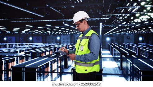 Engineer Doing OSHA Safety Inspection At Data Center Server Room