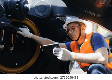 Engineer driver uses computer tablet to configure equipment of hoses for industrial mining truck. Service diagnostics of hydraulic systems.