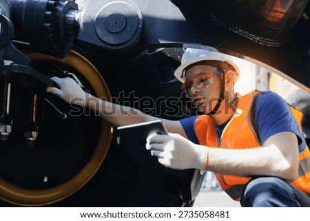 Engineer driver uses computer tablet to configure equipment of hoses for industrial mining truck. Service diagnostics of hydraulic systems.