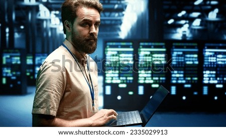 Engineer ensuring optimal functioning of VPN servers with top security standards used to adequately protect sensitive data. Enterprise data business providing reliable internet connections for users