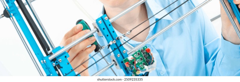 Engineer examining a 3D printer frame, focused on precision and assembly in a lab environment. - Powered by Shutterstock