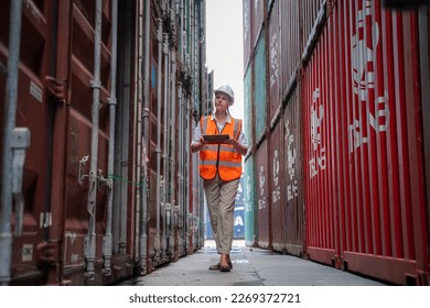 Engineer or foreman checking about shipping of container box in warehouse stock yard.