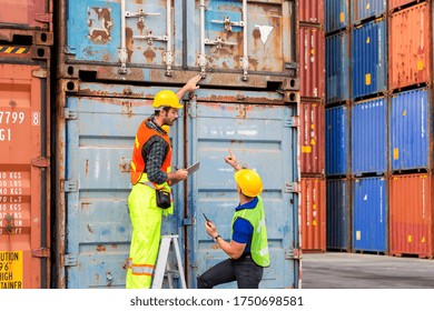 Engineer and foreman worker team checking containers box from cargo, Teamwork concept