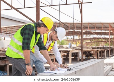 Engineer and foreman worker team checking project at precast factory site, Engineer and builders in hardhats discussing on construction site