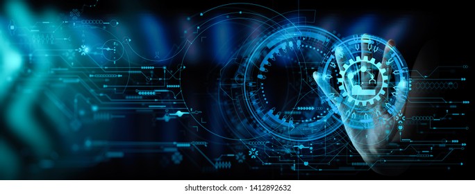 Engineer hand check and control welding robotics automatic arms icon with machine in intelligent factory automotive industrial with UI monitoring system software. - Shutterstock ID 1412892632