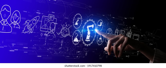 Engineer hand using digital computer and checking icon robotics automatic arms machine. Augmented reality in intelligent factory  industrial with monitoring system software.