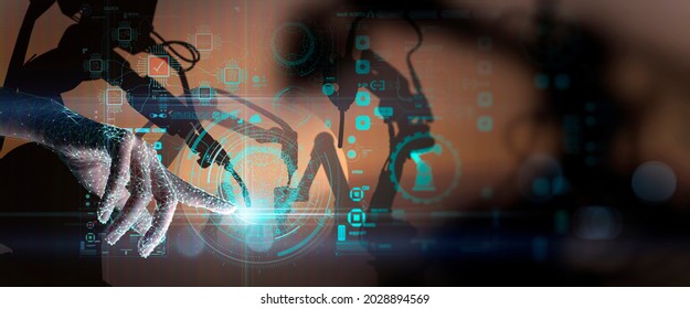 Engineer Hand Working Dashboard AI Robot Arm Analyzing Mathematics For Automated Manufacturing Process.Concept Of Robotics Technology And Machine Learning Or Mechanized Industry Problem Solving.