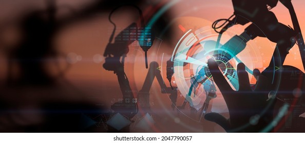 Engineer hand working dashboard AI Robot arm analyzing mathematics for automated manufacturing process.Concept of robotics technology and machine learning or mechanized industry problem solving. - Powered by Shutterstock