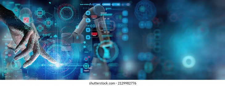 Engineer hand working dashboard AI Robot arm analyzing mathematics for automated manufacturing process.Concept of robotics technology and machine learning or mechanized industry problem solving. - Powered by Shutterstock