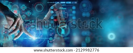 Engineer hand working dashboard AI Robot arm analyzing mathematics for automated manufacturing process.Concept of robotics technology and machine learning or mechanized industry problem solving.
