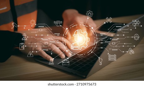 Engineer hands typing on laptop with construction management icons. Smart civil engineering technology and contractor building plan concept with digital network interface connection. - Powered by Shutterstock - Get 15% off with code: PIKWIZARD15