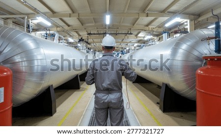 Engineer in Hard Hat Standing Between Two Massive Pressure Vessels in Heavy Industrial Fabrication Workshop, Industrial Tank Manufacturing Concept