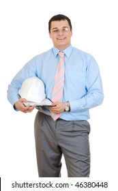 An Engineer Holding Clipboard  And Hard Hat Isolated On White Background