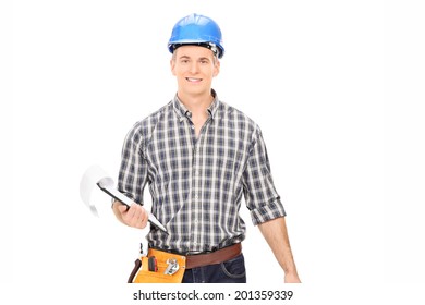 Engineer holding a clipboard isolated on white background - Powered by Shutterstock