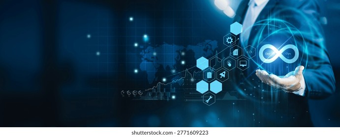 IT engineer holding deployment dashboard. DevOps integrates development and operations to automate workflows and deliver software faster and reliably.
