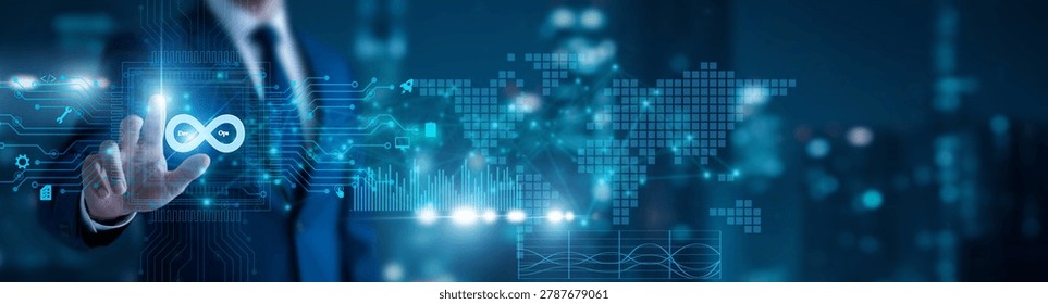 IT engineer holding deployment dashboard. DevOps integrates development and operations to automate workflows and deliver software faster and reliably.