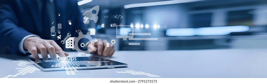 IT engineer holding deployment dashboard. DevOps integrates development and operations to automate workflows and deliver software faster and reliably.