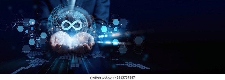 IT engineer holding deployment dashboard. DevOps integrates development and operations to automate workflows and deliver software faster and reliably.