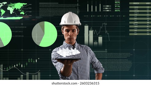 Engineer holding a tablet and viewing a 3d rotating model of a city with digital interface. global digital network digitally generated image.