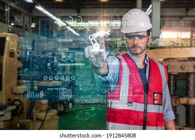 
Engineer Industry Factory Using Digital Tablet  Hologram Monitoring Upgrade Of Robotic In Factory. Future Factory And Smart Factory Industrial Concept.