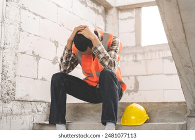 Engineer industry unemployed. Feeling stress, tired and headache asian man sitting depressed on stair at site, worker male crisis in factory, fired unemployment from economy, lost job, jobless concept - Powered by Shutterstock