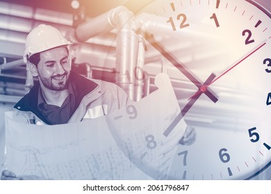 Engineer Industry Worker With Blueprint Overlay With Time Clock For Working Hours Happy Labor Work Times Concept