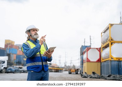 Engineer inspecting cargo containers at warehouse yard. Shipping, freight transport.