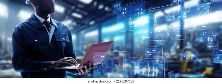 Engineer inspecting factory and digital data concept. Wide image for banners, advertisements.
