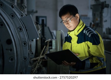 Engineer inspecting operational status of large industrial equipment in a factory workshop
