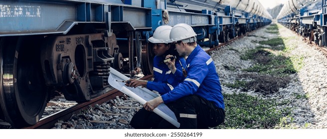 Engineer inspection and checking railway and checking work on railroad station. Engineer checking construction process railway and checking work on railroad station .Train engineer concept	