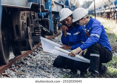 Engineer inspection and checking railway and checking work on railroad station. Engineer checking construction process railway and checking work on railroad station .Train engineer concept	