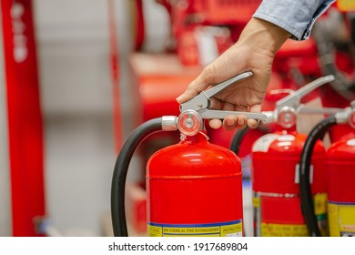 Engineer Inspection Fire Extinguisher And Fire Hose,Ready To Use In The Event Of A Fire.Safety First Concept.