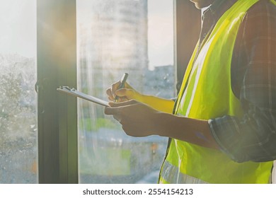 Engineer or inspector checking progressing work in construction site