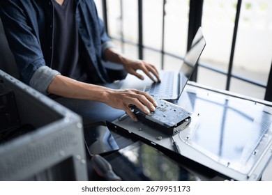 IT Engineer installing Hardware Equipment Development Facility Engineer  Maintenance computer Motherboard Electronic repair shop technology business.